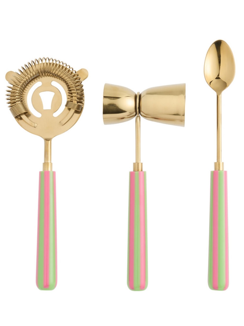 NWT World Market Gold Stainless Steel & Green/Pink Stripe Resin Bar Tools